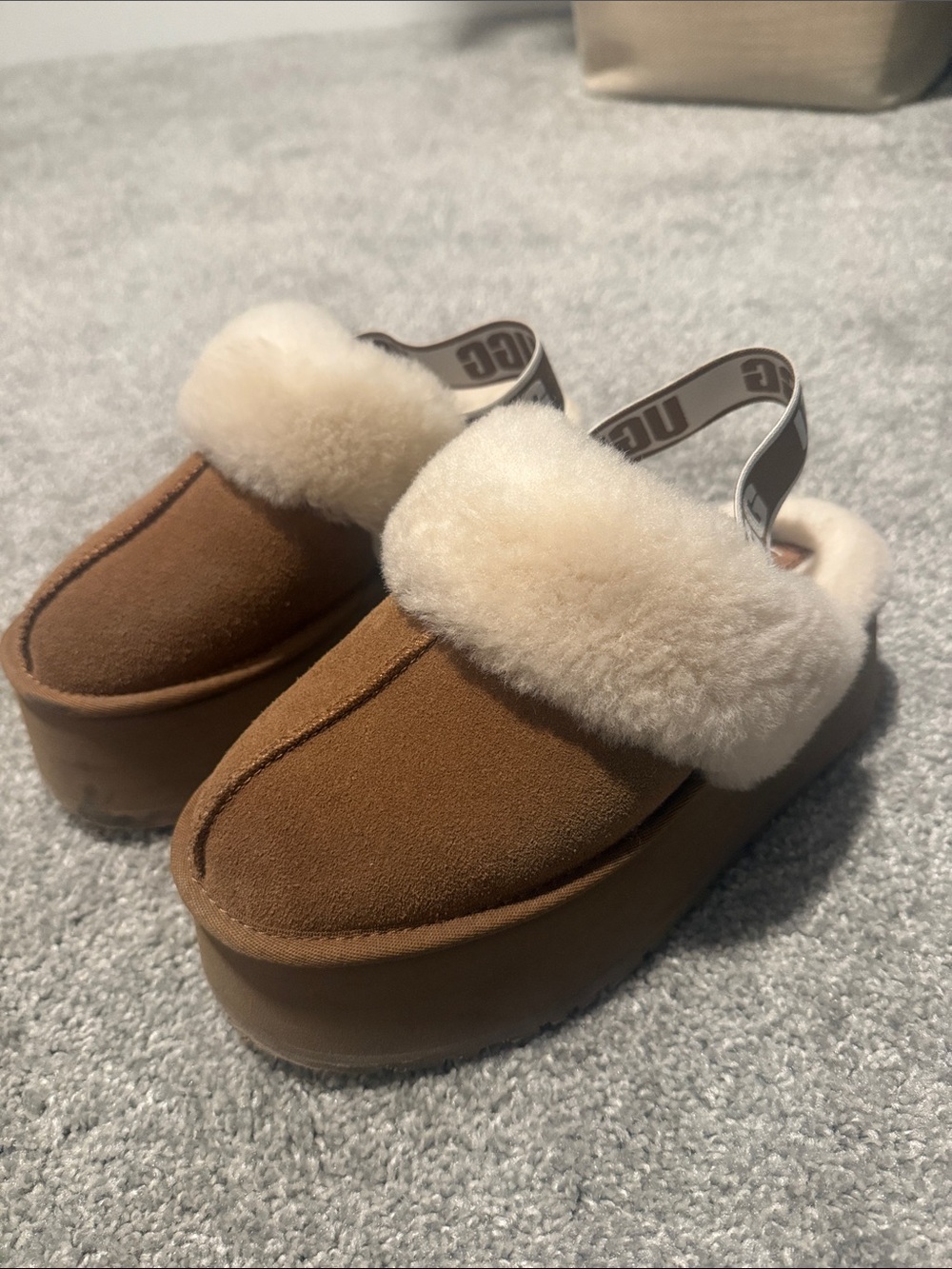 UGG Chestnut Suede Platform Slippers with Cream Shearling Collar